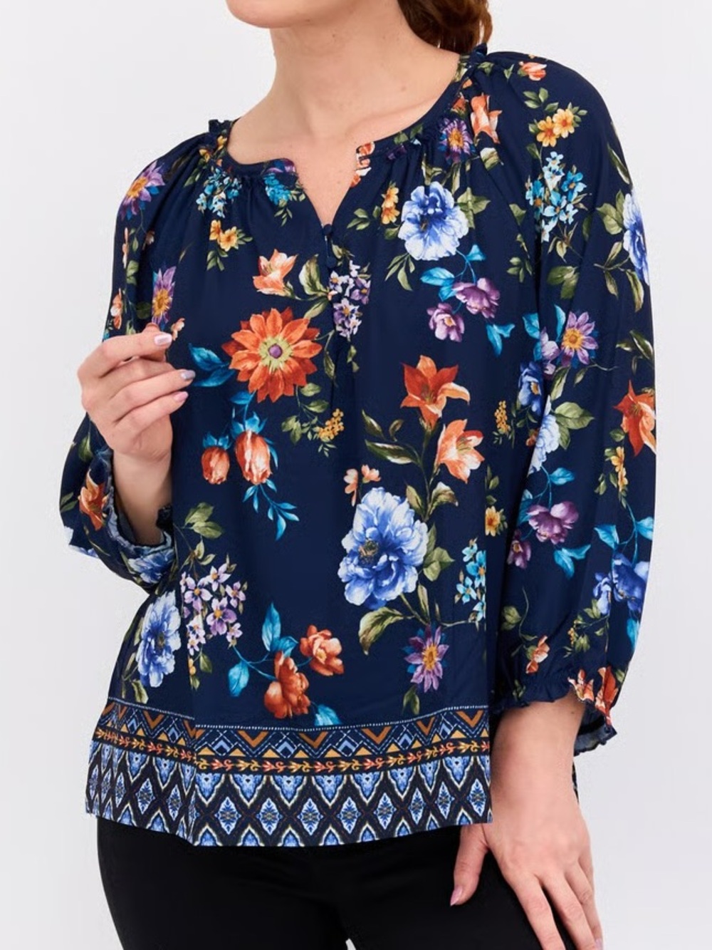 Alfred Dunner Navy Floral Split-Neck Blouse Size M